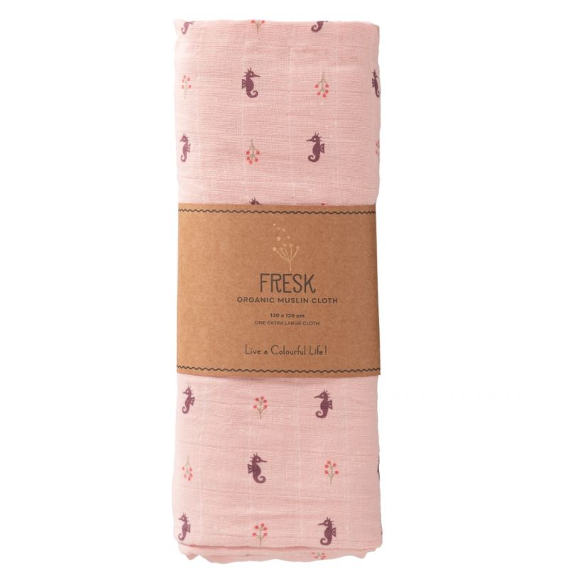 Mussolina Fresk in cotone bio 120x120 cm  - cavallucci marini rosa